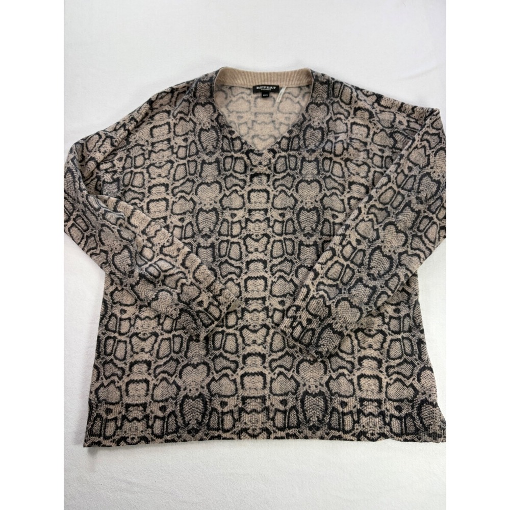 Repeat Cashmere V-Neck Sweater 100% Cashmere Snakeskin Animal Print Tan Black L